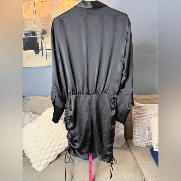 Zara Black Satin Ruched Shirt Dress Long Sleeve Button Front Size S NWT ✨ - Picture 6 of 7